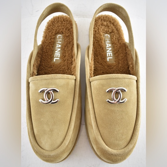 Chanel Dark Beige Suede Shearling CC Moccasin Ballet Slingback Loafer Flat 41 - Picture 9 of 16